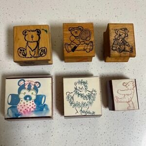 Vintage All Night Media Bears Wood Mounted Rubber Stamps Set of 6